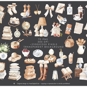 May include: Watercolor illustration of various vintage-style objects, including a dress, books, a camera, a globe, and a violin. The image features a neutral color palette with soft, muted tones, creating a classic and elegant aesthetic.