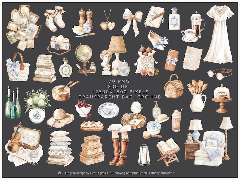 May include: Watercolor illustration of various vintage-style objects, including a dress, books, a camera, a globe, and a violin. The image features a neutral color palette with soft, muted tones, creating a classic and elegant aesthetic.