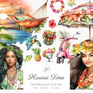 Clipart Hawaii estate acquerello - bundle di clipart di isole tropicali con surf ad acquerello in formato PNG, download immediato per uso commerciale