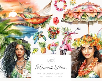 Watercolor Summer Hawaii Clipart - watercolor surfing tropical island clip art bundle in PNG format instant download for commercial use