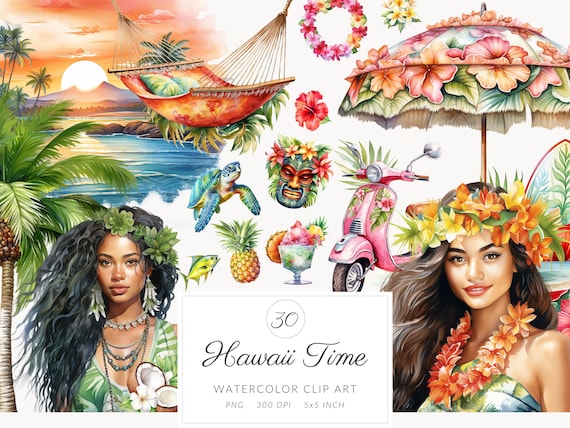 Watercolor Summer Hawaii Clipart - watercolor surfing tropical island clip art bundle in PNG format instant download for commercial use