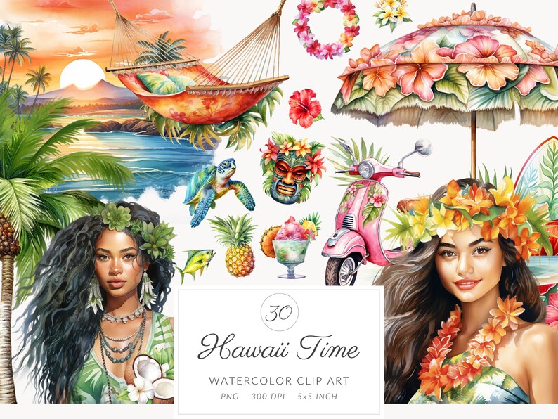 May include: Watercolour clip art set with a Hawaiian theme. Includes illustrations of a hammock, tropical flowers, a scooter, a turtle, a mask, and portraits of women. The text reads "Hawaii Time".