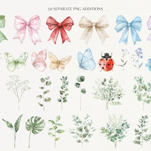 May include: A collection of watercolor illustrations featuring various floral elements, butterflies, a bee, a ladybug, and bows in different colors. The illustrations are perfect for adding a touch of nature to your designs.