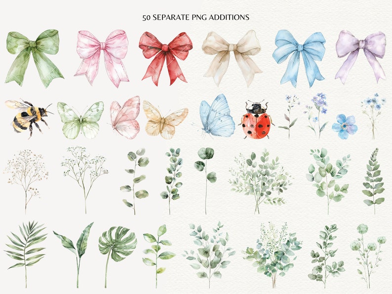 May include: A collection of watercolor illustrations featuring various floral elements, butterflies, a bee, a ladybug, and bows in different colors. The illustrations are perfect for adding a touch of nature to your designs.
