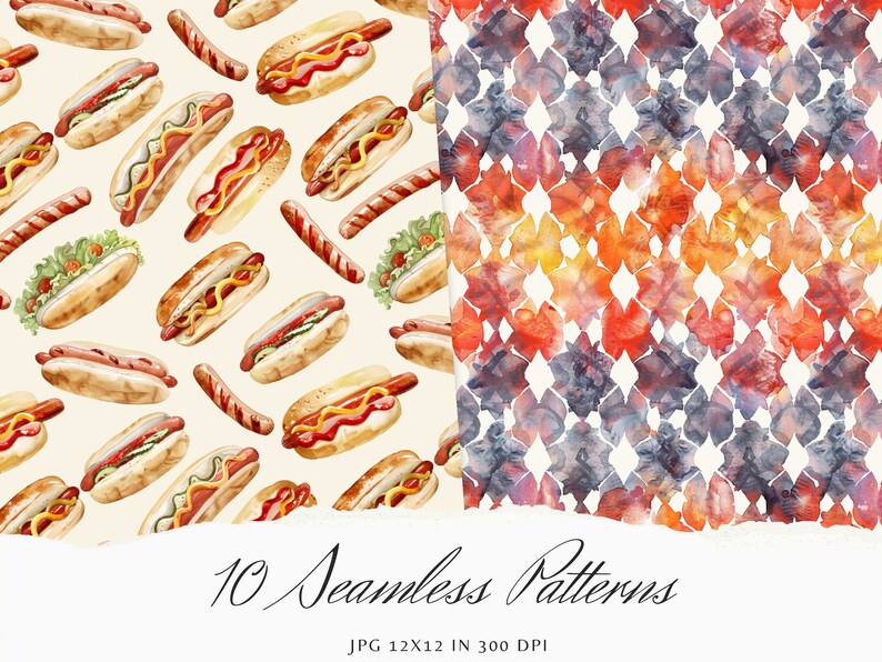 Watercolor Grill Party Seamless Patterns, BBQ Summer Pattern JPEG ...