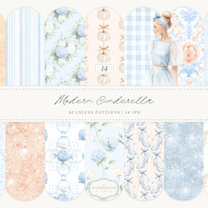 Modern Cinderella Watercolor Seamless Patterns, French Blue Floral, Damask, Gingham (Digital Download)