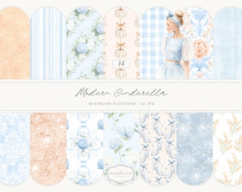Watercolor Modern Cinderella Seamless Patterns, French Blue Floral Patterns, Hydrangea, Damask, Stripe, Gingham, Romantic Digital Download