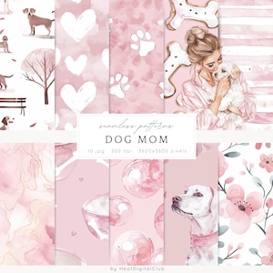 Aquarel hond moeder naadloze patronen, schattige puppy patroon jpeg, honden, roze plaid, digitale download, herhalend patroon, plakboekpapier