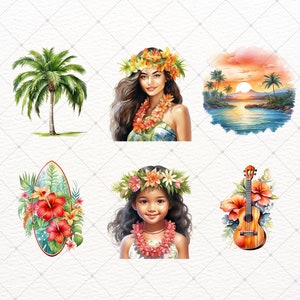 May include: Watercolour illustrations depicting Hawaiian themes. Includes a palm tree, a woman and a girl wearing flower leis, a sunset over the ocean, a surfboard with flowers, and a ukulele with flowers. The images are colourful and vibrant.