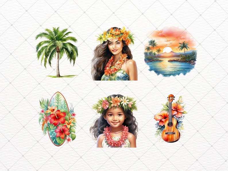 May include: Watercolour illustrations depicting Hawaiian themes. Includes a palm tree, a woman and a girl wearing flower leis, a sunset over the ocean, a surfboard with flowers, and a ukulele with flowers. The images are colourful and vibrant.