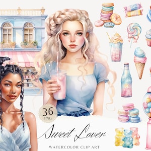 Aquarell Sweet Liebhaber Clipart Bundle, Süßigkeiten Clip Art, Desserts, Candy Shop, Milchshake, Kekse, Eis, Kuchen Cupcake PNG, kommerzielle Nutzung