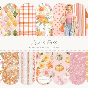 May include: A collection of fourteen seamless digital patterns featuring watercolor illustrations of autumn leaves, orange plaid, floral arrangements, a person in a cardigan, acorns, bows, pumpkins, glitter textures, and knit patterns with the text Joyful Fall.