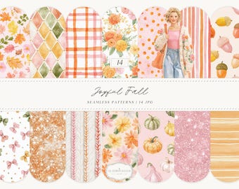 Joyful Fall Watercolor Seamless Patterns, Autumn Floral Digital Paper (14 JPG)