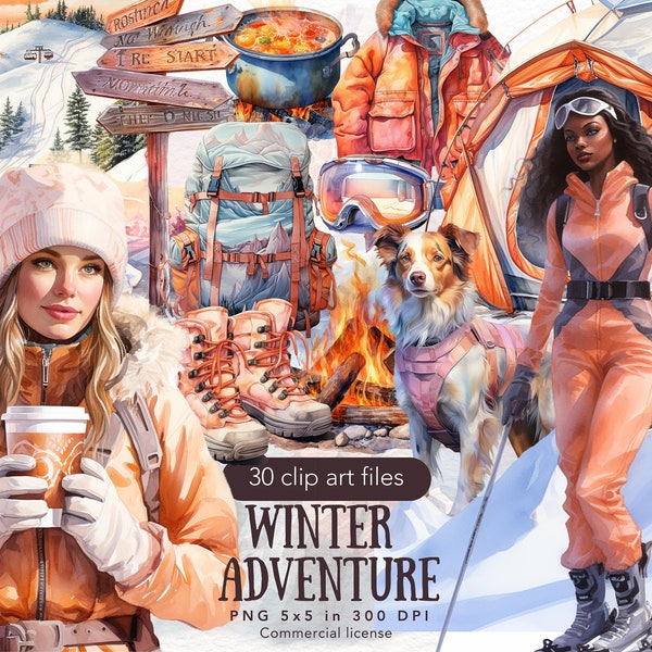 Aquarell Winter Abenteuer Clipart Bundle, Reisen Camping Ski Wandern Urlaub Clip Art PNG, digitaler Download Cottage Grafiken, kommerzielle Nutzung