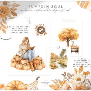 May include: Watercolor clip art set titled "Pumpkin Soul" featuring illustrations of pumpkins, a woman reading, a tree, and a nest with eggs. The set includes the text "exclusive watercolor clip art set".