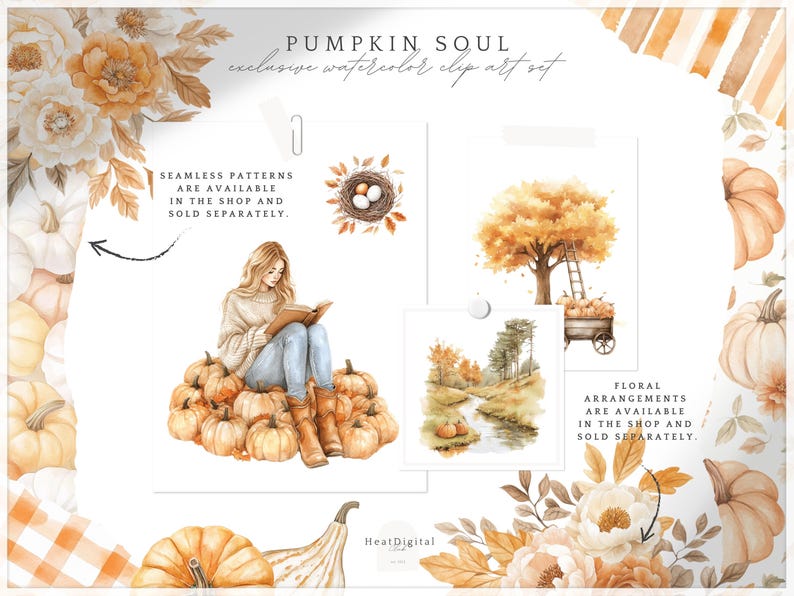 May include: Watercolor clip art set titled "Pumpkin Soul" featuring illustrations of pumpkins, a woman reading, a tree, and a nest with eggs. The set includes the text "exclusive watercolor clip art set".