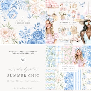 Clipart de acuarela de verano chic, clipart de Grandmillennial, clipart de playa de verano, clipart de chica de moda, PNG de verano elegante, estética costera
