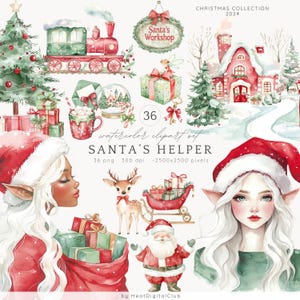 Clipart de ajudante de Papai Noel em aquarela, Clip Art de Natal de inverno, Papai Noel Png, Gráficos de elfo, Oficina do Papai Noel, Vila, Download digital