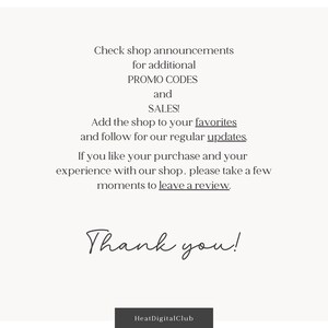 May include: Cream-colored background with black text. The text includes shop announcements, promo codes, sales, and instructions to add the shop to favorites and leave a review. The words "Thank you!" are written in cursive.