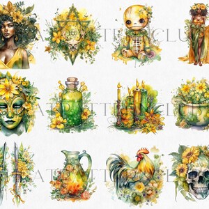 May include: A digital collage of 12 watercolor illustrations featuring a variety of mystical and occult imagery. The images include a woman with sunflowers in her hair, a skull with sunflowers, a cauldron, a bottle of potion, a rooster, a skeleton doll, a mask, candles, and a dagger.