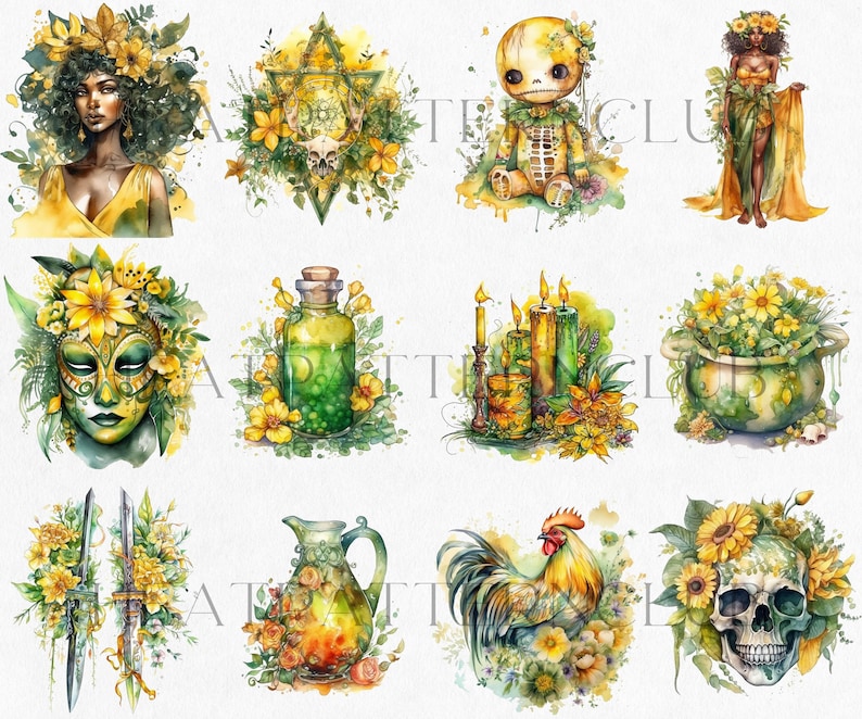 May include: A digital collage of 12 watercolor illustrations featuring a variety of mystical and occult imagery. The images include a woman with sunflowers in her hair, a skull with sunflowers, a cauldron, a bottle of potion, a rooster, a skeleton doll, a mask, candles, and a dagger.