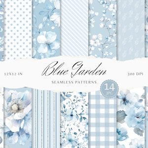 Motivi senza soluzione di continuità con giardino blu acquerello, JPEG floreale pastello, strisce a quadri glitter shabby chic, carta per scrapbooking stampabile, diario spazzatura