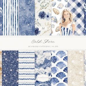 May include: A collection of watercolor seamless patterns in shades of blue and beige. Designs include waves, stripes, floral, gingham, and seashell motifs. The text "Cold Shore" and "Seamless Patterns / 14 JPG" are displayed.
