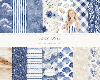Watercolor Cold Shore Navy Seamless Patterns, Blue Stripe Coastal Design JPG, Nautical Shell and Wave Digital Paper JPG, Digital Download