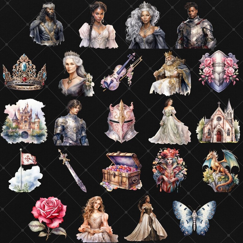May include: A collection of watercolor illustrations featuring a variety of fantasy and fairytale themes. The illustrations include a castle, a knight, a dragon, a butterfly, a rose, a chest, a crown, a violin, a church, a jester, and several people in medieval clothing.