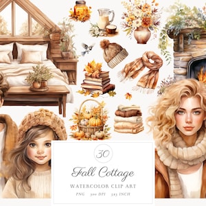 Aquarela Aconchegante Outono Cottage Living Clipart, Romântico Outono Cottagecore Clip Art PNG Bundle Uso Comercial, campo, Vida na Fazenda