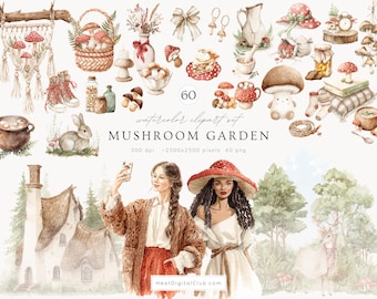 Watercolor Mushroom Garden Clipart, Cottagecore PNG (Digital Download)