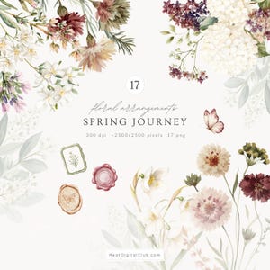 Könnte beinhalten: Aquarell-Illustration von Blumenarrangements mit dem Text "Spring Journey". Das Bild zeigt Blumen in Weiß, Rosa, Burgunderrot und Grün, einen Schmetterling und Wachssiegel.