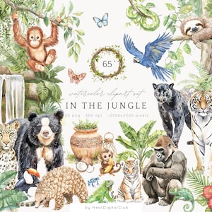Acuarela en la jungla Clipart, Animales exóticos Png, Clipart tropical, Clip Art de animales bebés, Safari PNG Uso comercial, Descarga digital