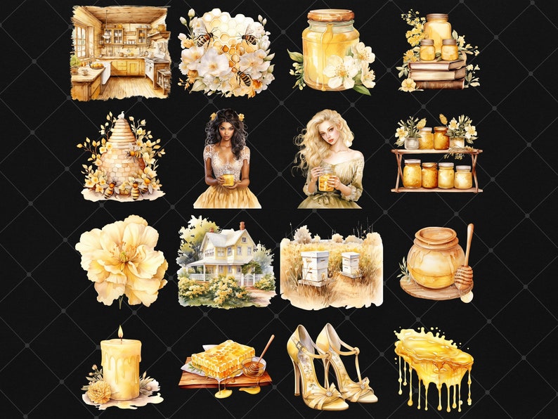May include: A collection of watercolor illustrations featuring honey, bees, flowers, and other beekeeping-related imagery. The illustrations are in a vintage style and feature a variety of colors, including yellow, brown, and white.