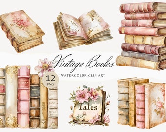 Watercolor Vintage  Books Clipart, Book Clip Art, Book lover, Reading, Illustrations, PNG Graphics, Instant Download Stickers Commercial Use