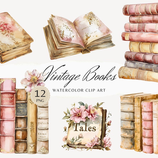 Watercolor Vintage  Books Clipart, Book Clip Art, Book lover, Reading, Illustrations, PNG Graphics, Instant Download Stickers Commercial Use