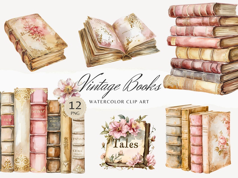 May include: Vintage watercolor clip art of 12 books with floral details. The books are in various shades of pink, brown, and gold. The text "Vintage Books" and "12 PNG" are visible in the image. The text "Tales" is on one of the books.