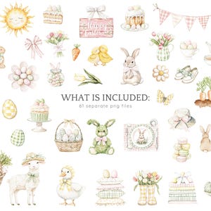 May include: A set of 61 watercolor illustrations featuring Easter-themed imagery. The illustrations include bunnies, chicks, eggs, carrots, flowers, cupcakes, and more. The illustrations are perfect for creating cards, invitations, scrapbook pages, and other crafts.