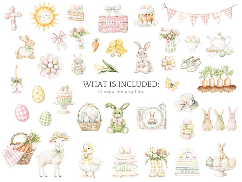 May include: A set of 61 watercolor illustrations featuring Easter-themed imagery. The illustrations include bunnies, chicks, eggs, carrots, flowers, cupcakes, and more. The illustrations are perfect for creating cards, invitations, scrapbook pages, and other crafts.
