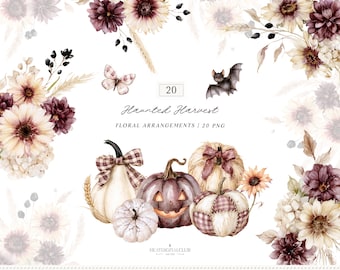 Watercolor Haunted Harvest Halloween Floral Arrangements Clipart, Spooky Autumn Botanical Pumpkins Jack o Lantern PNG, Digital Download