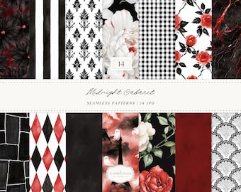 Gothic Halloween Seamless Patterns, Midnight Cabaret Black Red Watercolor JPG Collection (Digital Download)
