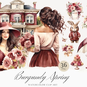 Clipart de primavera de color burdeos con acuarela, clip art de primavera acogedor, gráficos florales, primavera linda, flores, estacional, chica de acuarela, pegatinas digitales