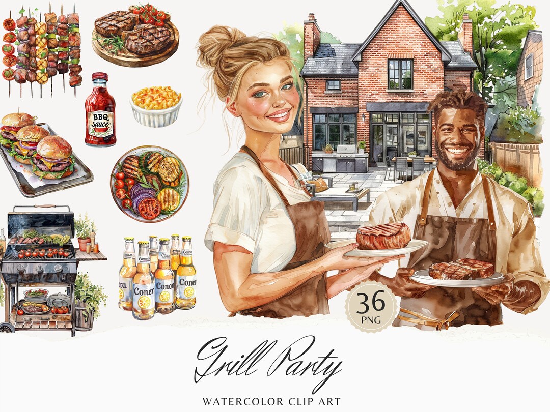 Watercolor Grill Party Clipart Bundle, Barbecue Clip Art, Summer ...