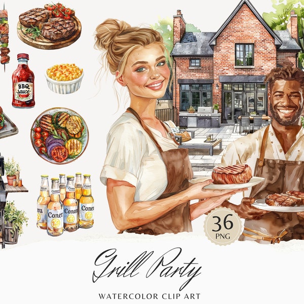 Aquarel Grill Party Clipart Bundel, Barbecue Clip Art, Zomer graphics, BBQ PNG, Food Steak, seizoensgebonden, aquarel meisje, digitale stickers