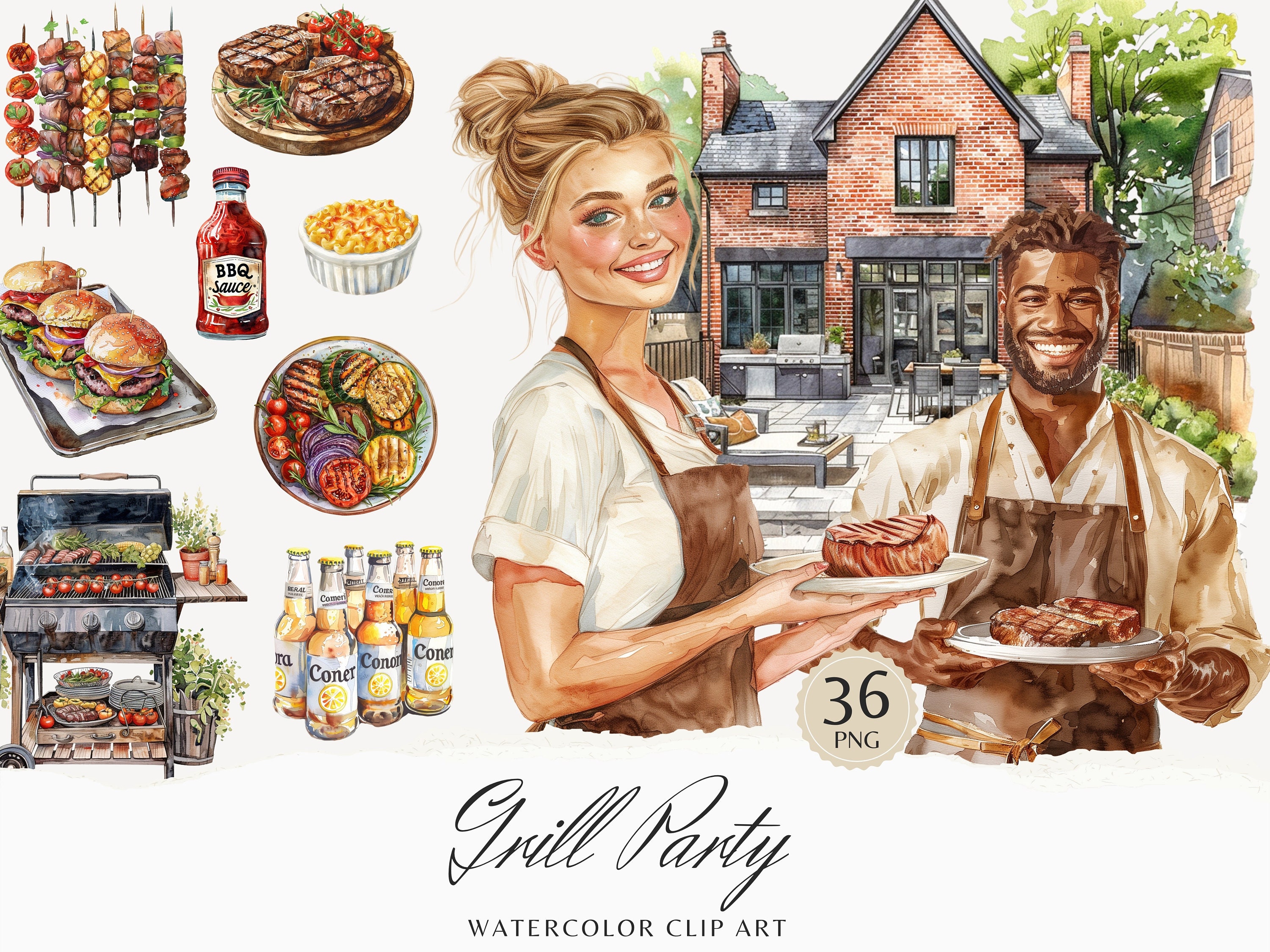 Watercolor Grill Party Clipart Bundle, Barbecue Clip Art, Summer ...