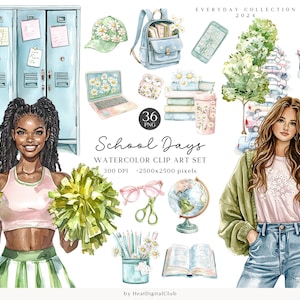 Imágenes prediseñadas de días escolares en acuarela, imágenes prediseñadas de planificador de regreso a la escuela, imágenes prediseñadas de chica de moda, imágenes prediseñadas escolares, descargas de papelería, gráficos de calcomanías
