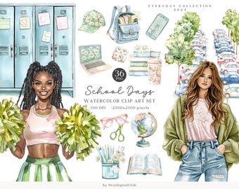 Aquarell Schultage Clipart, zurück zu Schulplaner Clip Art, Mode Mädchen PNG, Schule Clipart, Briefpapier Downloads, Aufkleber Grafiken