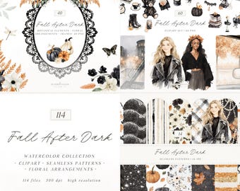 Watercolor Fall Clipart Bundle, Dark Coquette Autumn PNG, Moody Floral Arrangements (Digital Download)