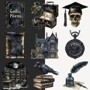 Watercolor Gothic Academia Clipart, Dark Academia Clip Art, Romantic ...