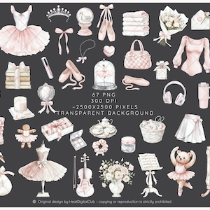 May include: A set of 67 watercolor illustrations featuring ballet-themed images, including ballerinas, swans, ballet shoes, flowers, and other related items. The illustrations are in pink, white, and gray tones and have a transparent background.